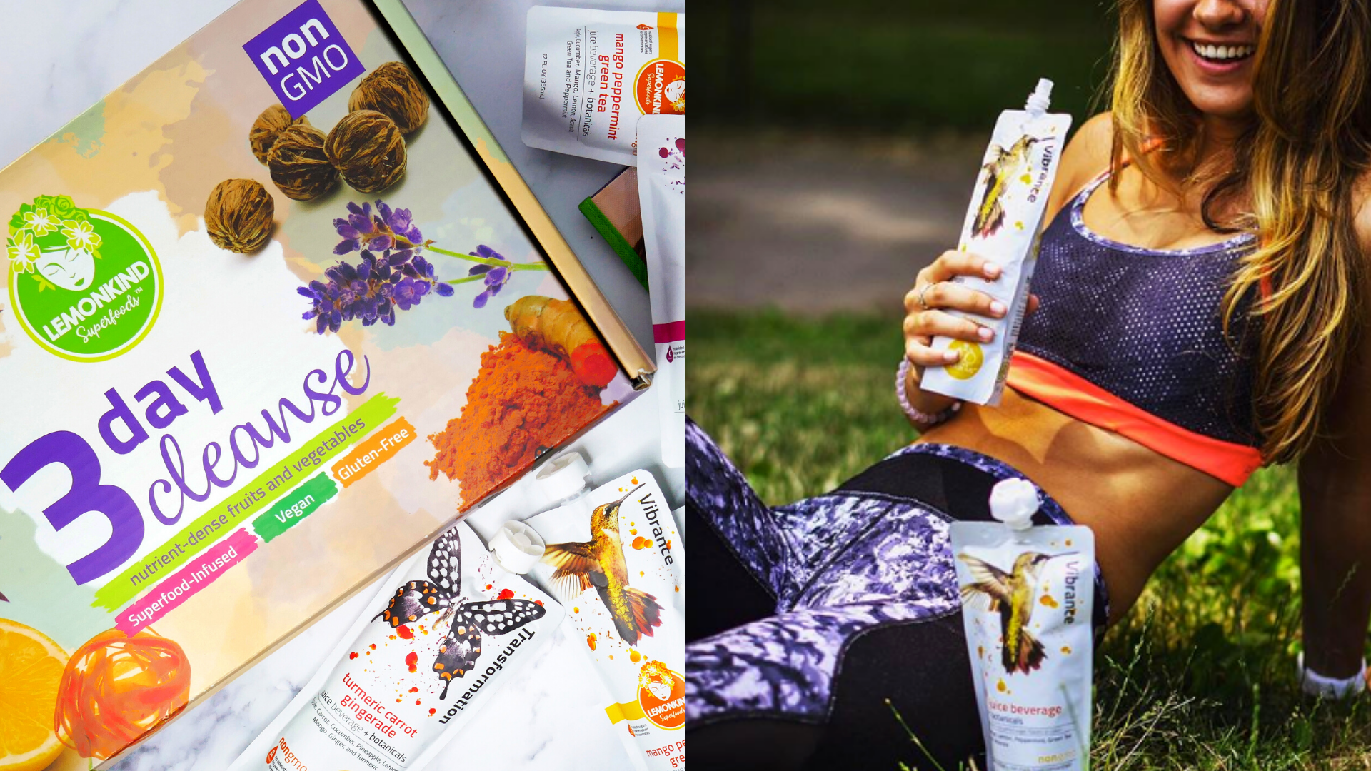 two images: one of lemonkind box, and one of woman in gym gear sitting on grass drinking lemon kind