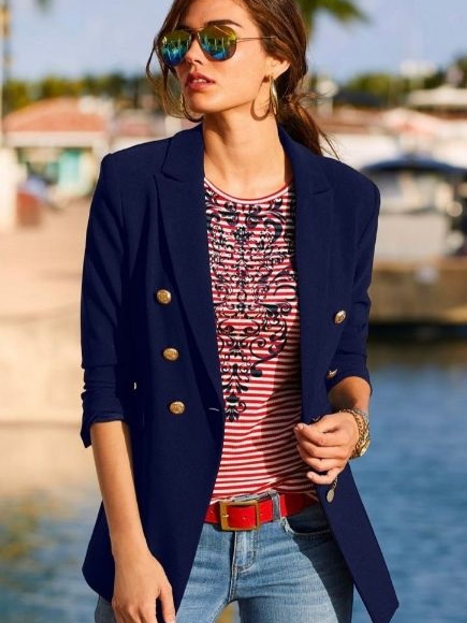 navy blue blazer with gold buttons